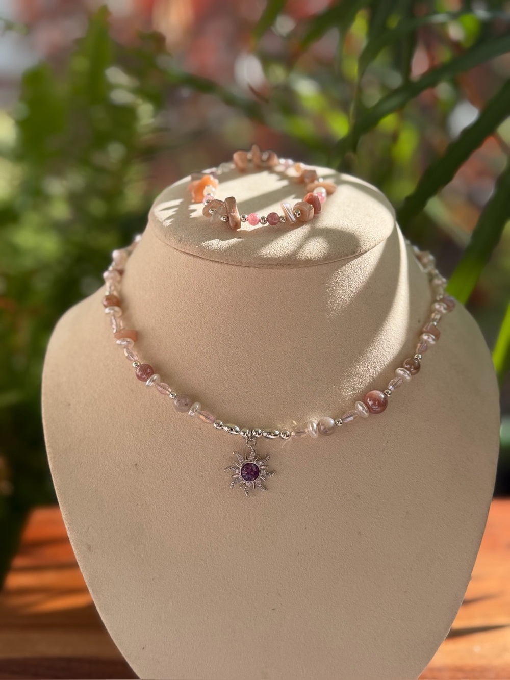 Handcrafted Pink Pearl Necklace & Bracelet Set with Sun Pendant